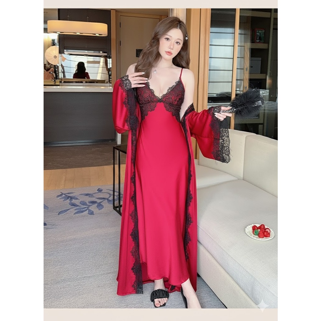 Vee-lingerie gaun panjang wanita 8502-2 sutra wanita set kimono/lingerie set/kimono set