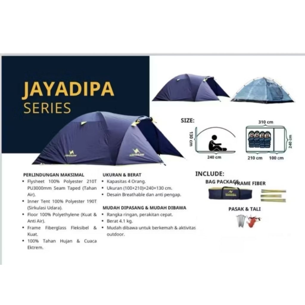 Tenda Camping Wildshell Jayadipa Series Kapasitas 4 Orang Double Layer