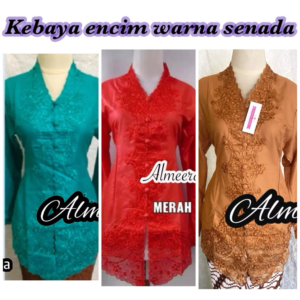 kebaya encim warna coksu , merah , hijau tosca , mocca , abu-abu , dan magenta bordir senada M L XL 