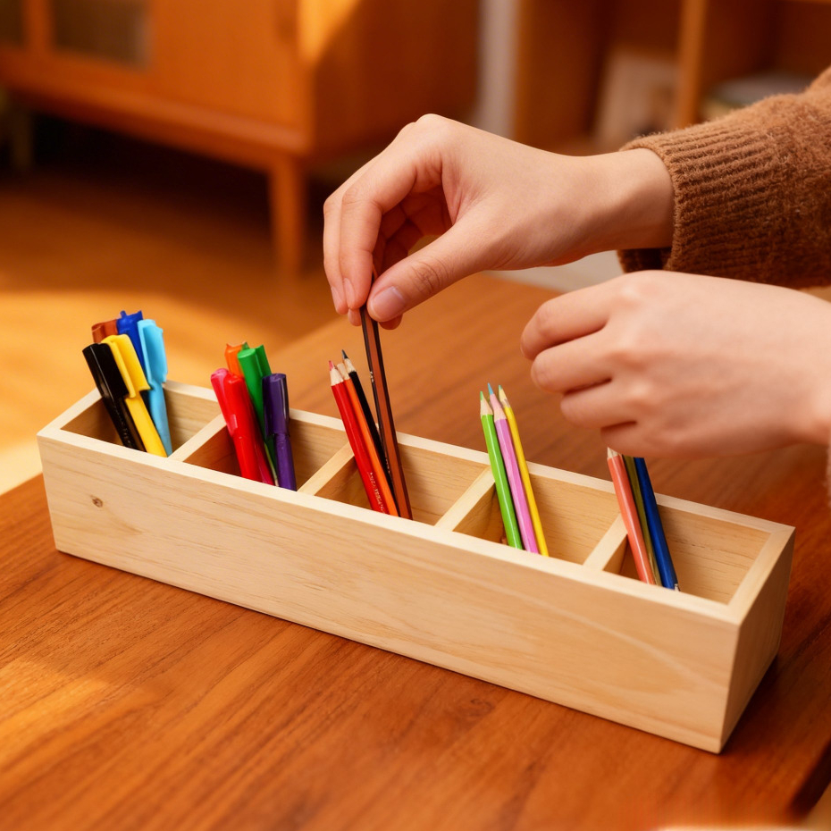 Tempat Pensil Kayu Pinus Rak Pensil Pulpen Alat Tulis Meja Belajar Aesthetic