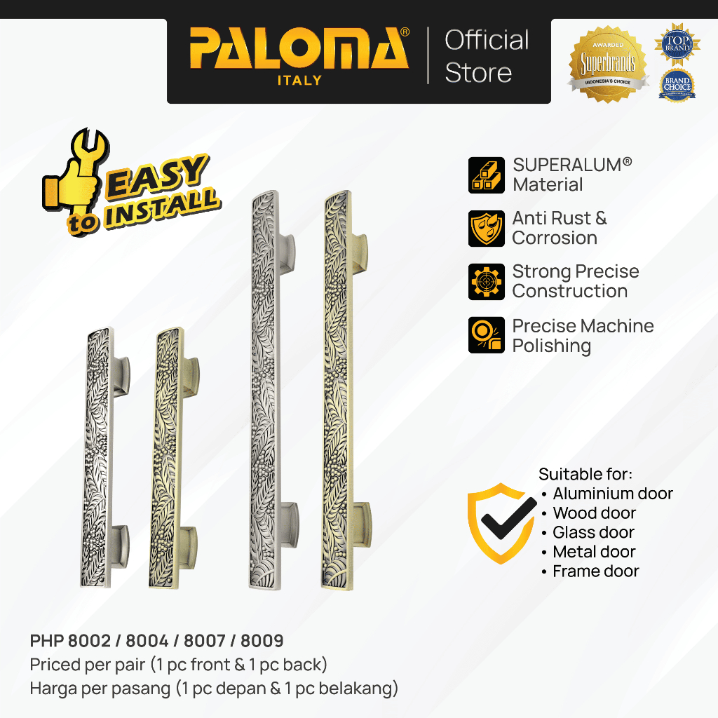 PALOMA Gagang Tarikan Pintu Door Pull Handle Superalum Satin Silver Black Hitam Antique Antik PHP 80