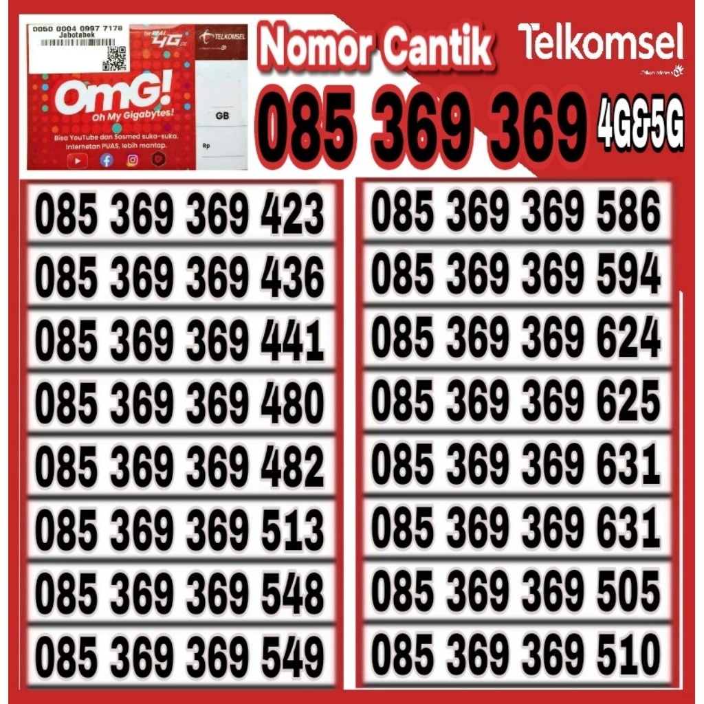 Nomor Cantik Telkomsel Simpati AS 4G Lte O85 369 369 xxx