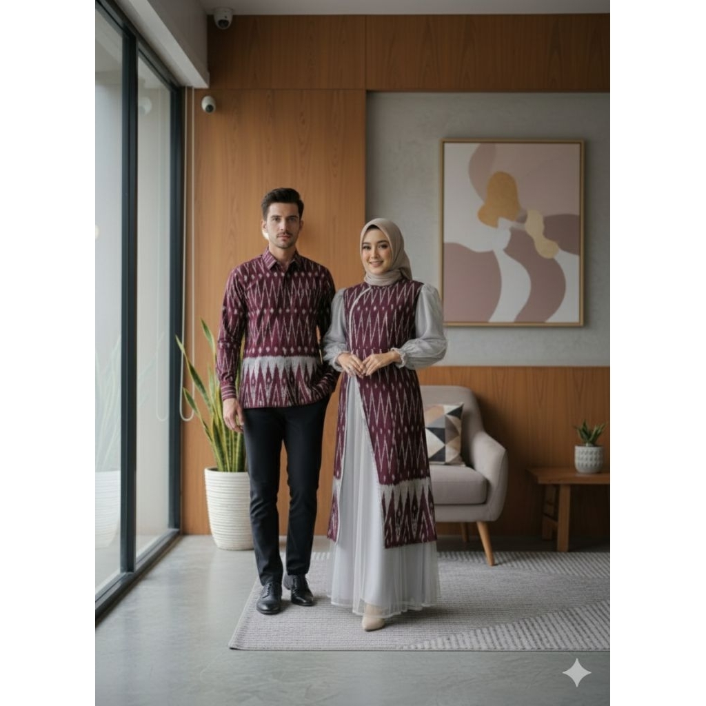 couple tenun etnik, baju muslim tenun etnik kekinian