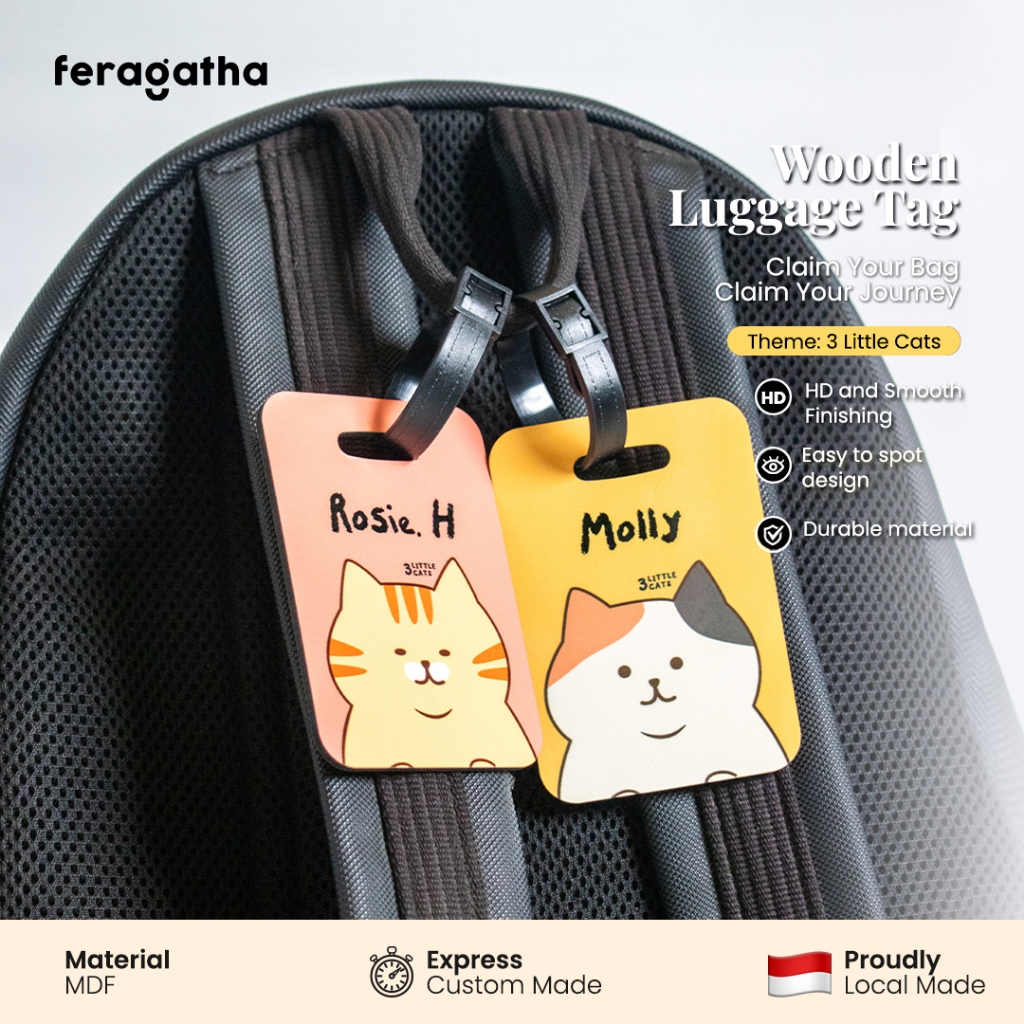 FERAGATHA Custom Name Wooden Luggage Tag travel tag Bag Tag tema: 3 Little Cats