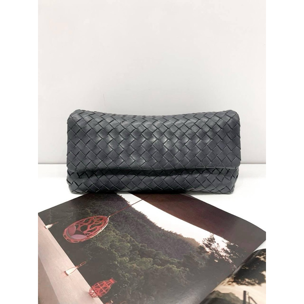 (PRELOVED) Bottega Veneta Intrecciato Flap Clutch Dark Grey