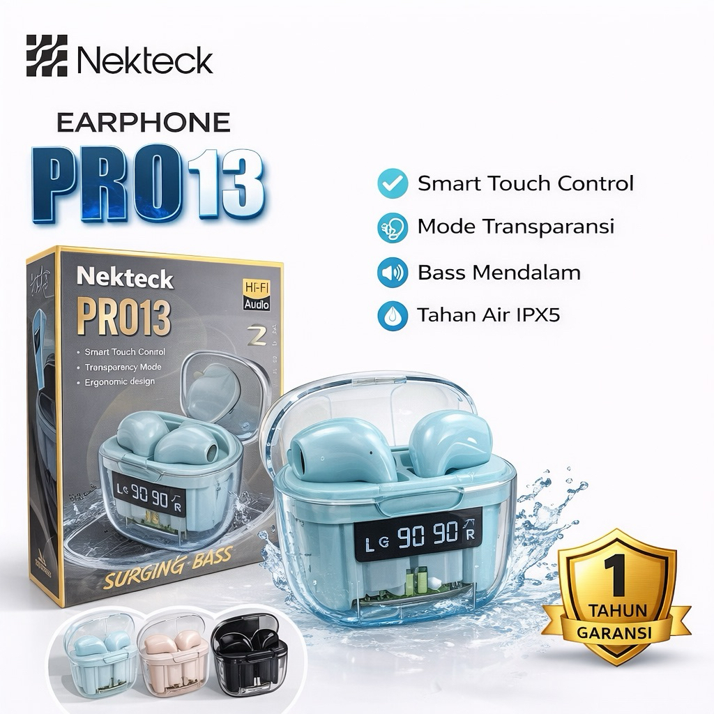 PRO 13 TWS NEKTECK Resmi GARANSI 1 TAHUN Earphone Wireless Headset Bluetooth, HiFi Suara Jernih