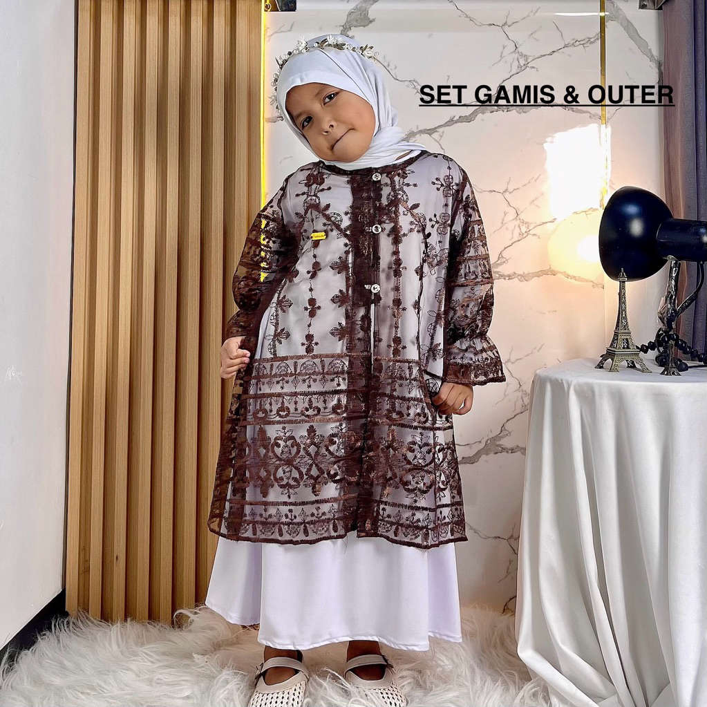 GAMIS ANAK SET OUTER BRUKAT TILE PESTA SYARI BAJU MUSLIM ANAK TUNIK SET INNER DRESS DAN OUTER MEWAH 