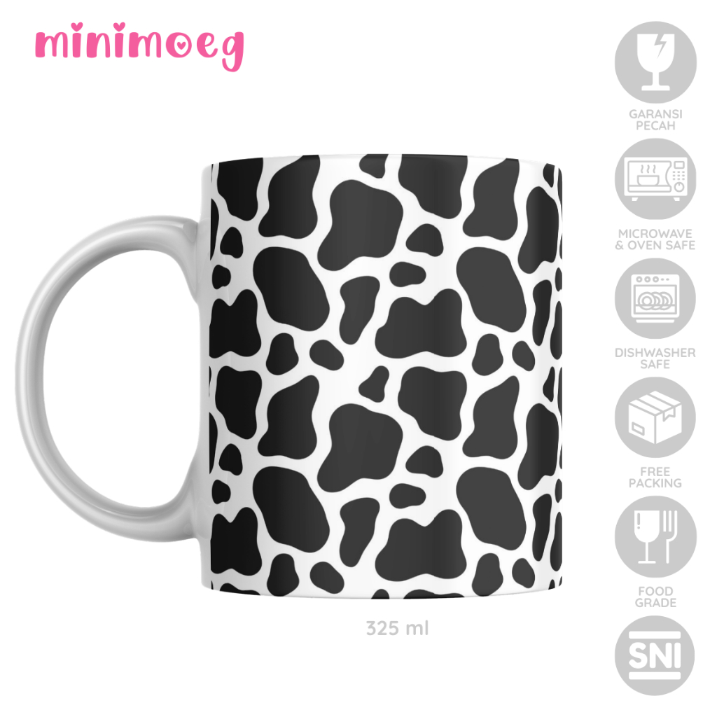 Mug Custom Motif Sapi Gelas Pola Sapi Hitam Cangkir Monokrom Gelas Aesthetic Minimalis