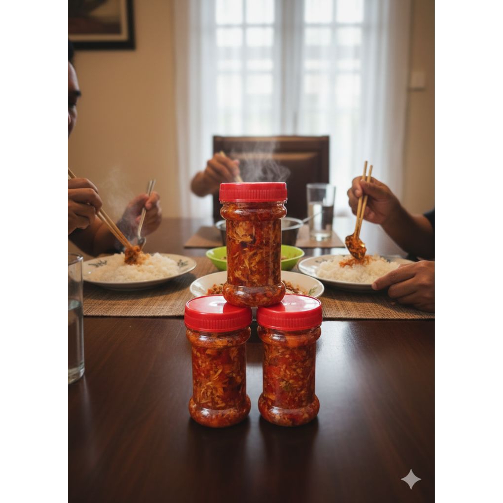 SAMBAL IKAN CAKALANG SUWIR,SAMBAL SUWIR IKAN TUNA,SAMBAL AYAM SUWIR  ISI 200ML