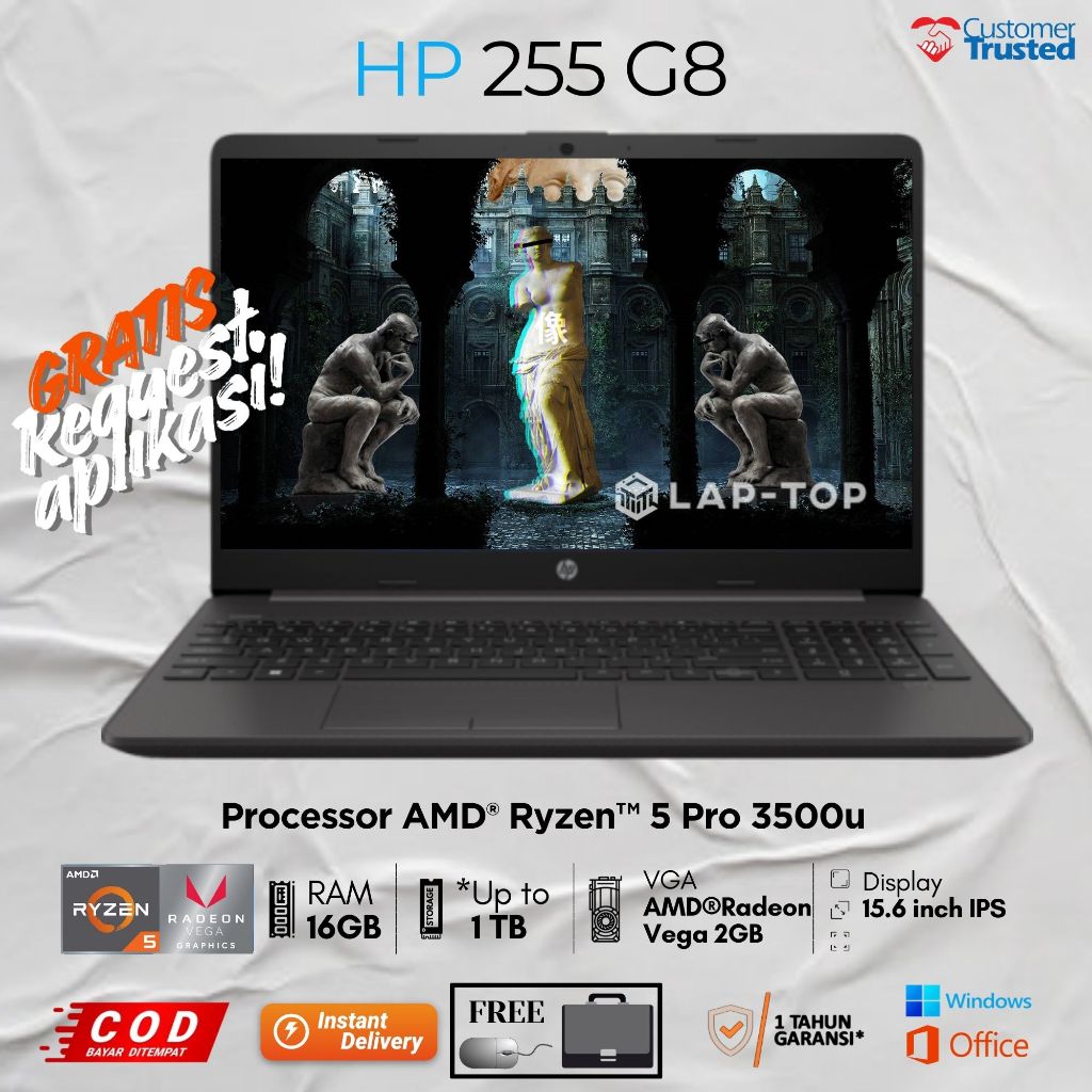 Laptop HP 255 G8 AMD Ryzen 5 3500U RAM 16GB SSD 256GB Layar 15.6" FUll HD Garansi Second Original