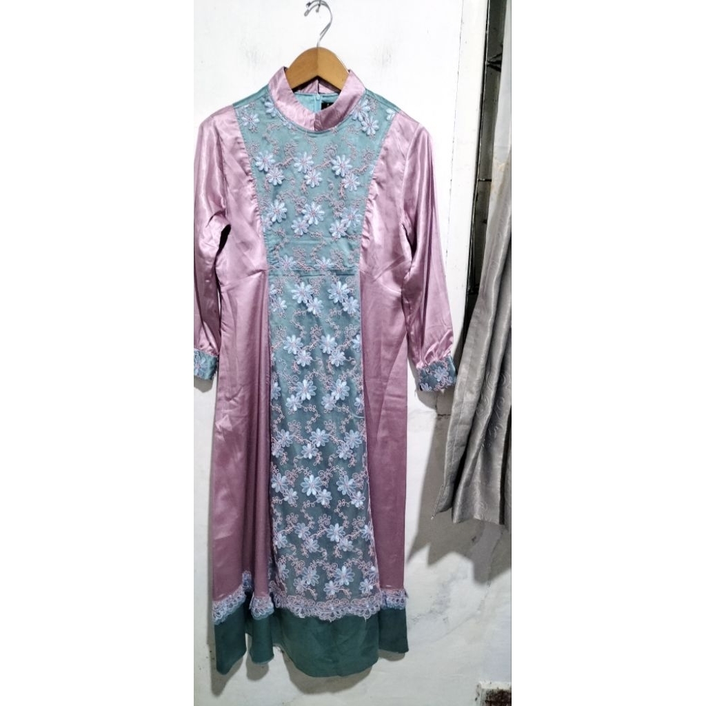 Gamis Long Dress Satin Wanita Emijaya Kombinasi Tile Cantik Mewah