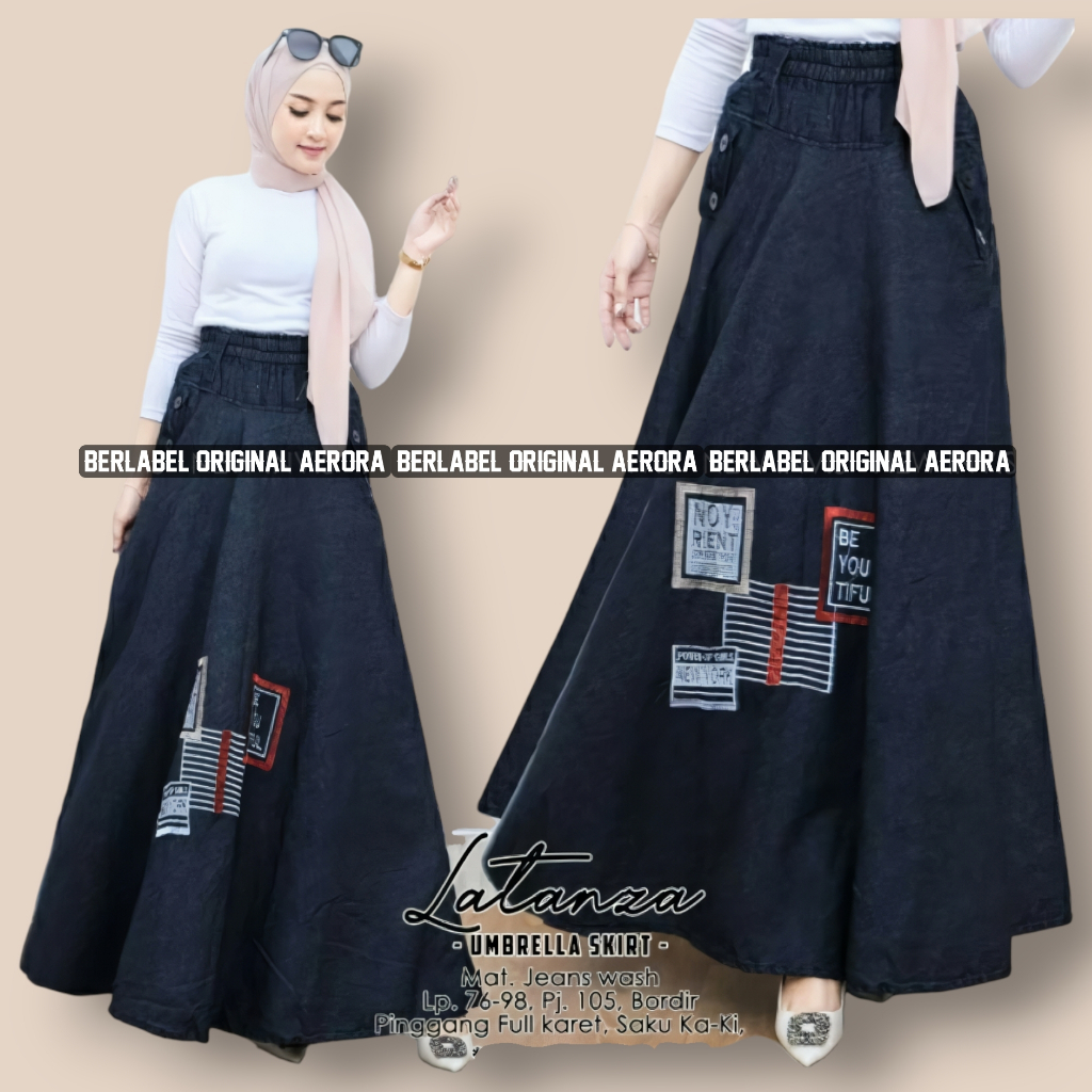 Aerora Rok Jeans Motif Fashion Panjang Payung Umbrella Jumbo Muslim Wanita Dewasa Big Size Kekinian