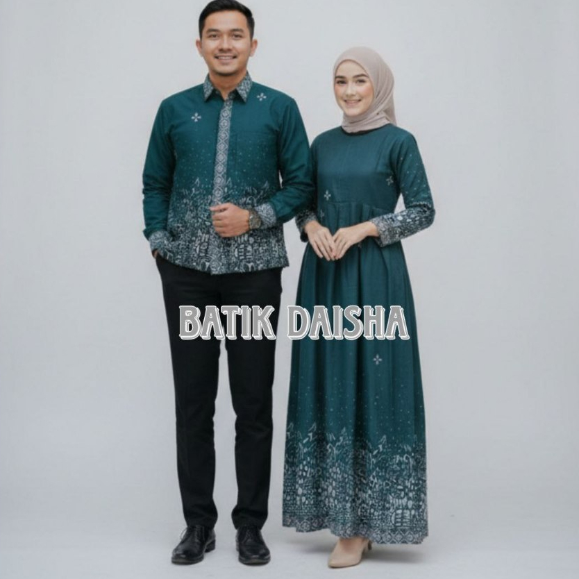 Sutena Emerald Couple Batik Keluarga Gamis dan Kemeja Lengan Panjang Sarimbit Baju Kondangan Adem Le