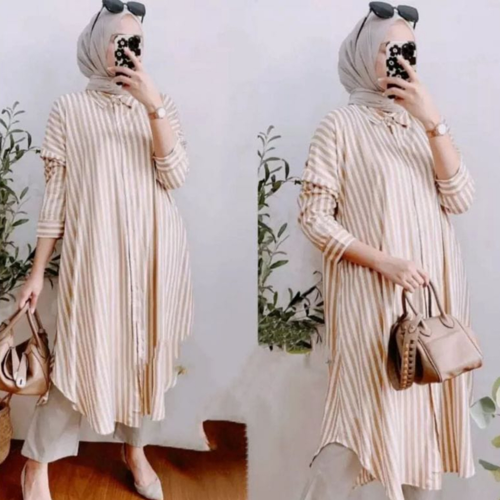 Tunik Kemeja Wanita Motif Salur Stripe Garis Katun Rayon Variasi Tangan Manset