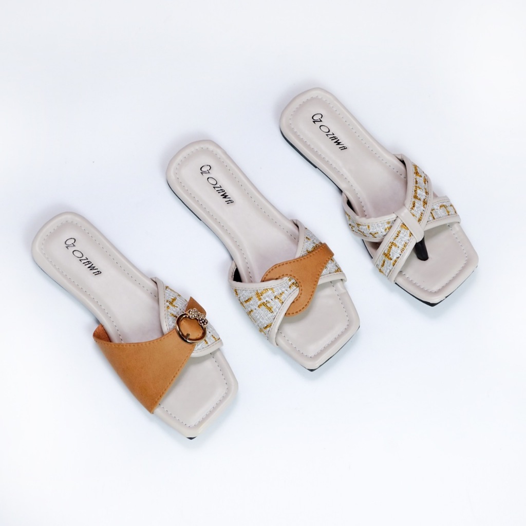 Sandal Wanita OZAWA Flat Santai Stylish Warna Putih - Coklat - Nyaman dipakai seharian, bahan empuk