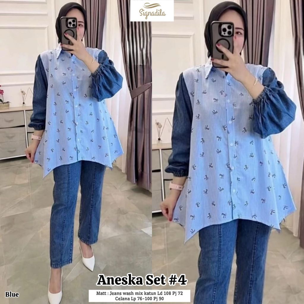 Aneska Set #4 Setelan Blouse Celana Jeans Panjang Wanita Original Signadila Bahan Jeans Wash Mix Kat
