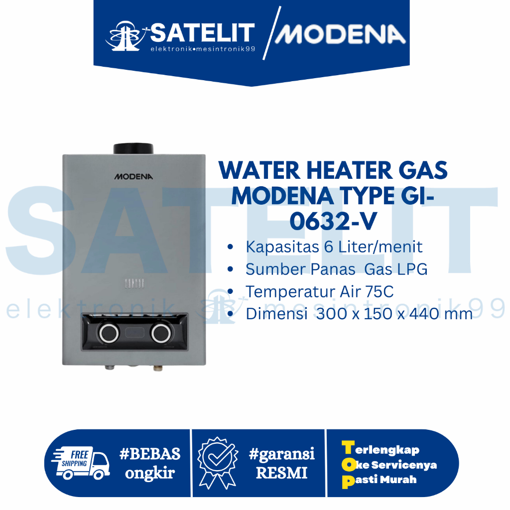 Gas Water Heater MODENA GI-0632-V – 6 L/menit • Instant Tankless • LPG • Digital Display • Pengaman 
