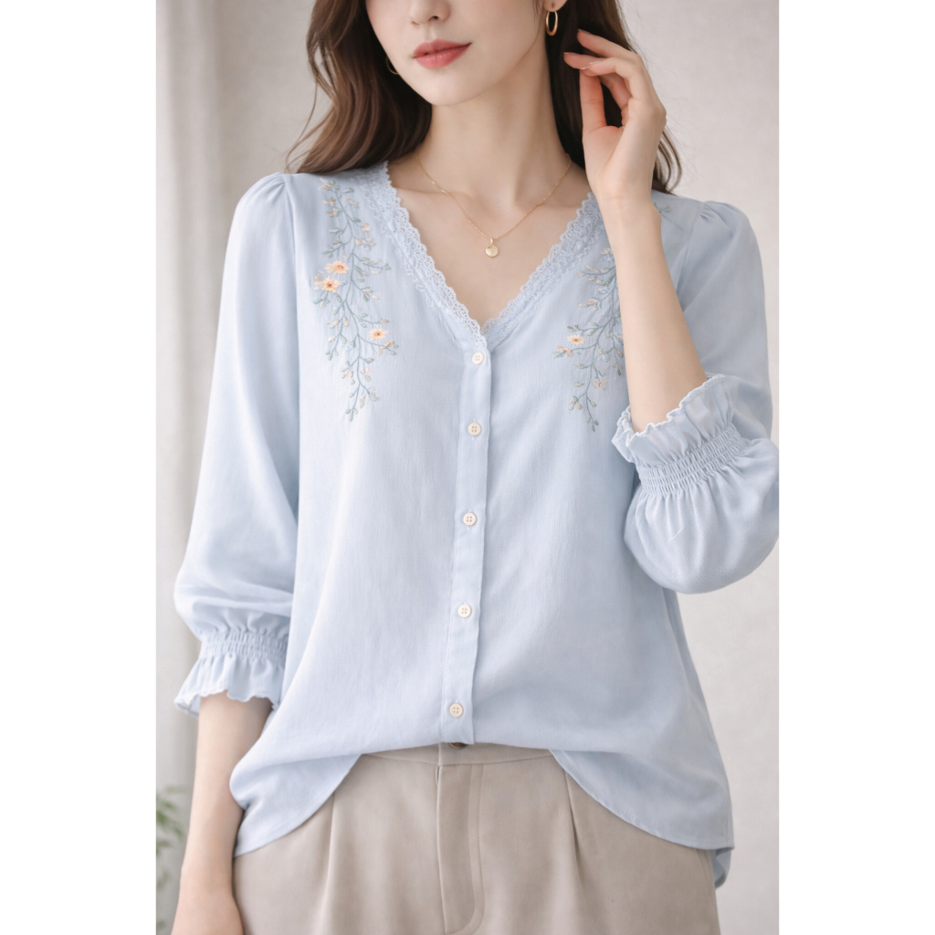 Blus Wanita Bordir Lengan Panjang katun