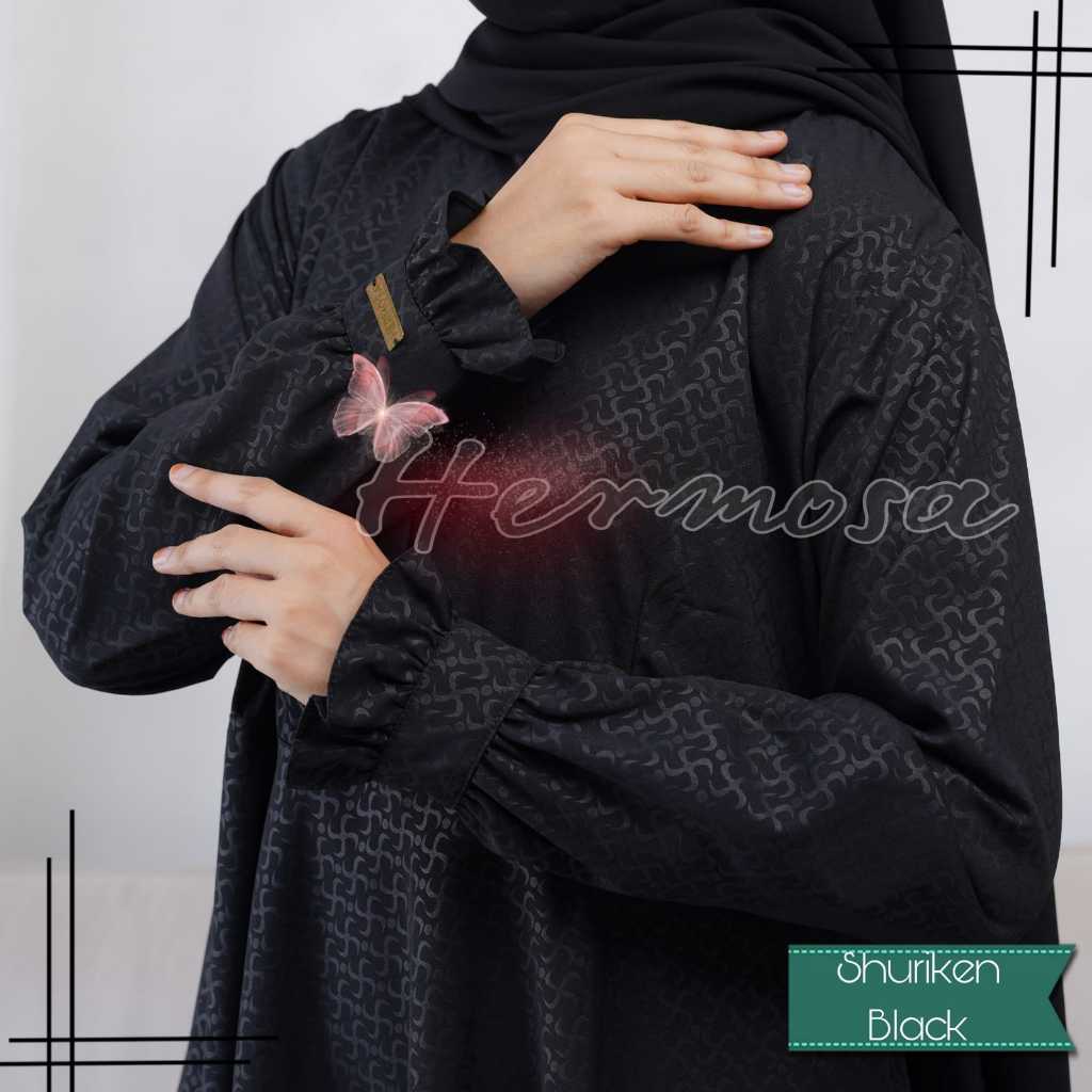 (Hermosa)Gamis hermosa motif shuriken warna hitam pekat-gamis syari hitam pekat premium-gamis hitam