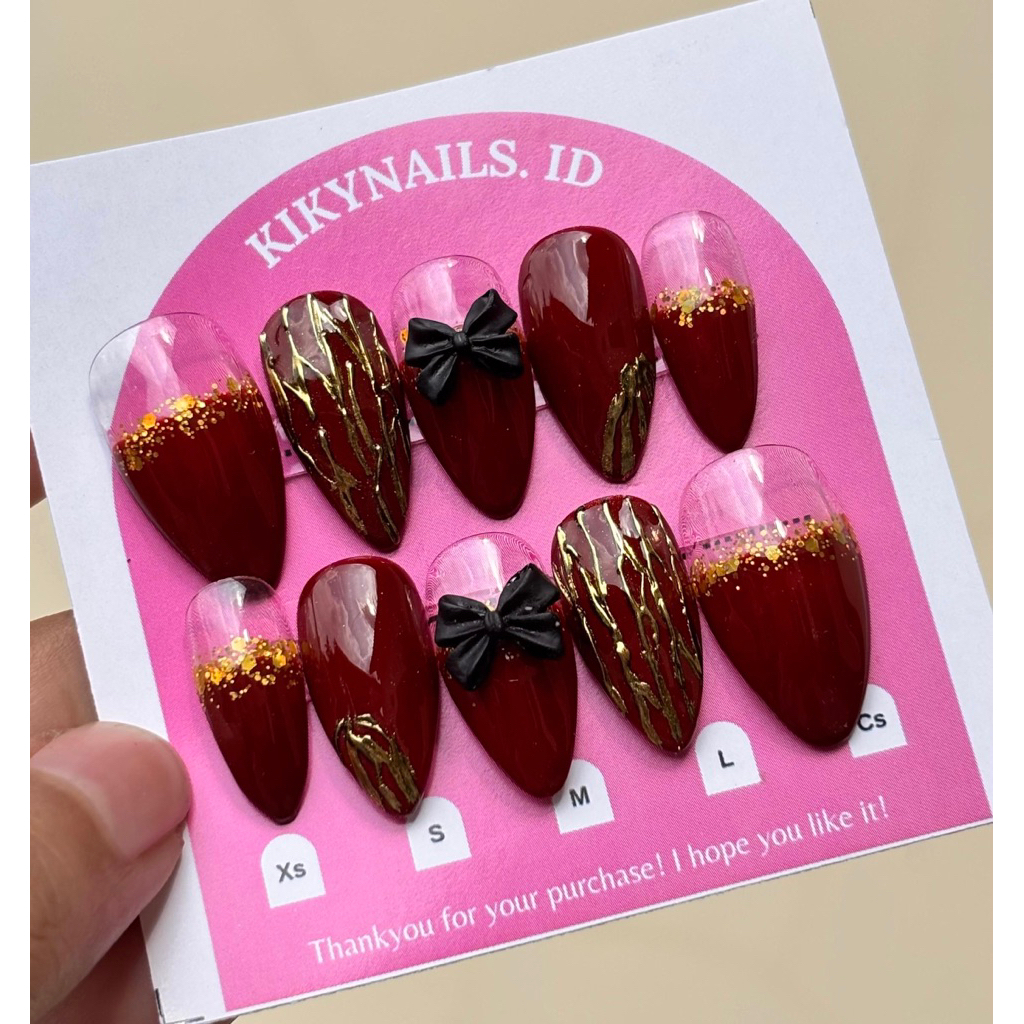 Press On Nails Maroon + Bening Bunga Glitter Gold Cantik Elegan Lamaran Wisuda Wedding Kuku Palsu Fa