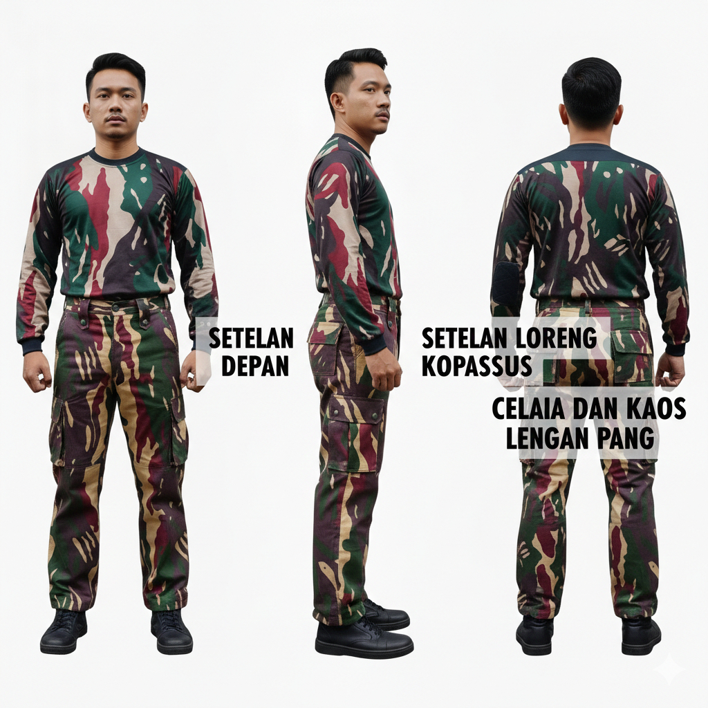 Setelan Celana PDL Loreng Kopassus Kaos Lengan Panjang Katun Militer Pria Wanita