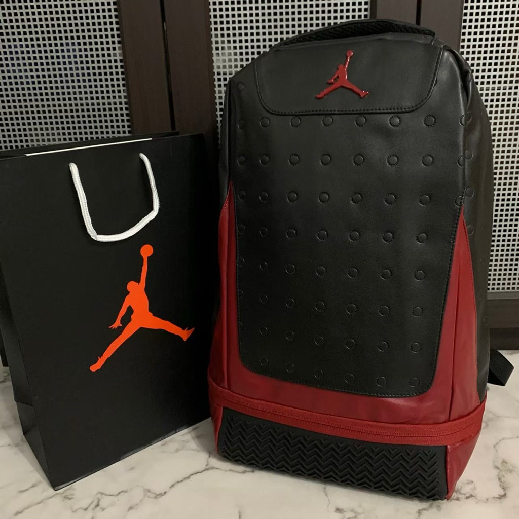 BACKPACK JORDAN RETRO LEATHER BLACK RED || TAS RANSEL KULIT TEBAL ANTI AIR