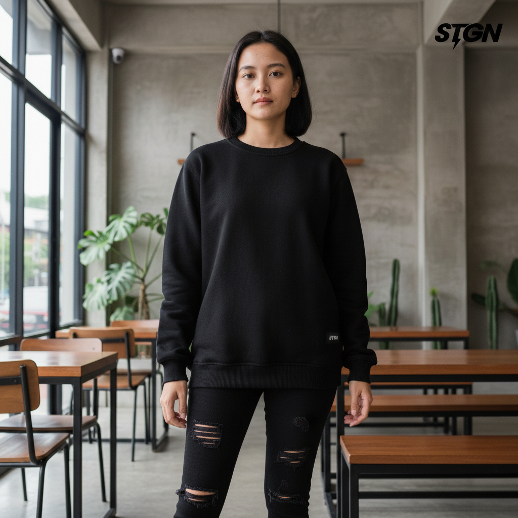 Sweater Crewneck Fleece Polos Sweatshirt Hitam - Crewneck Tebal 280 GSM - UNISEX Baju Sweter Fit