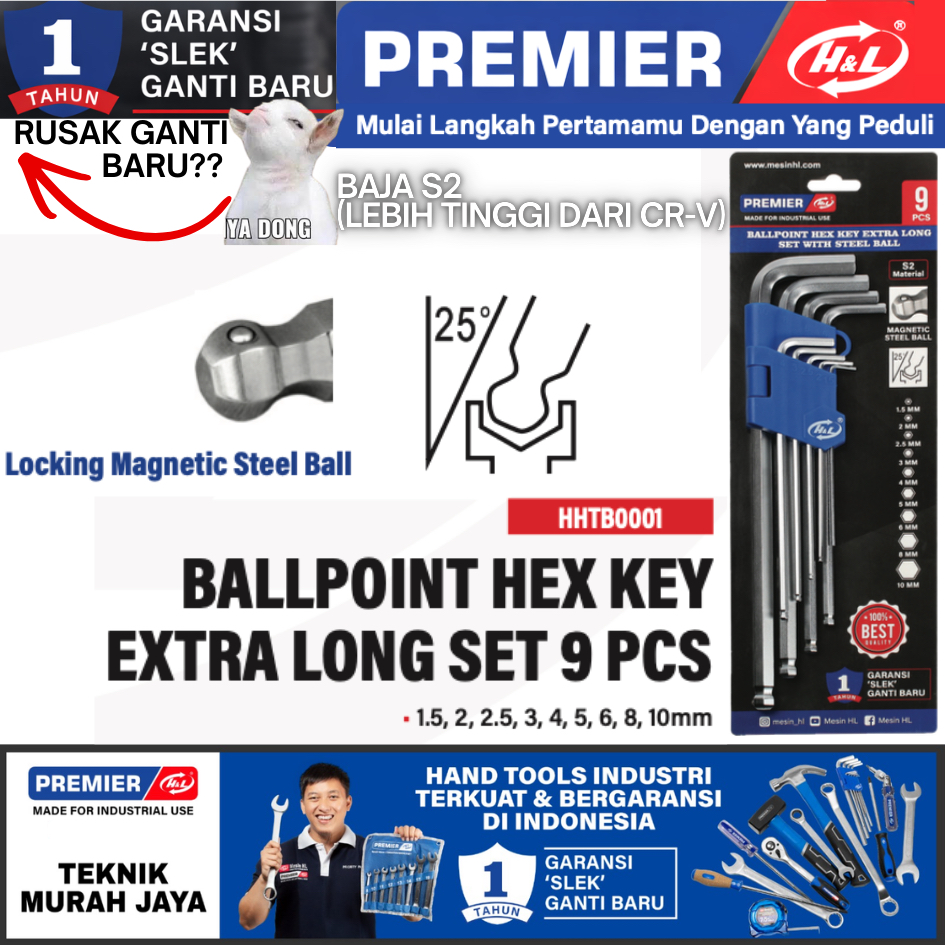 HNL HL H&L PREMIER KUNCI L SET Premium 9 PCS + Pengunci Magnet Bola Magnetic Steel Ball Extra 25 Der