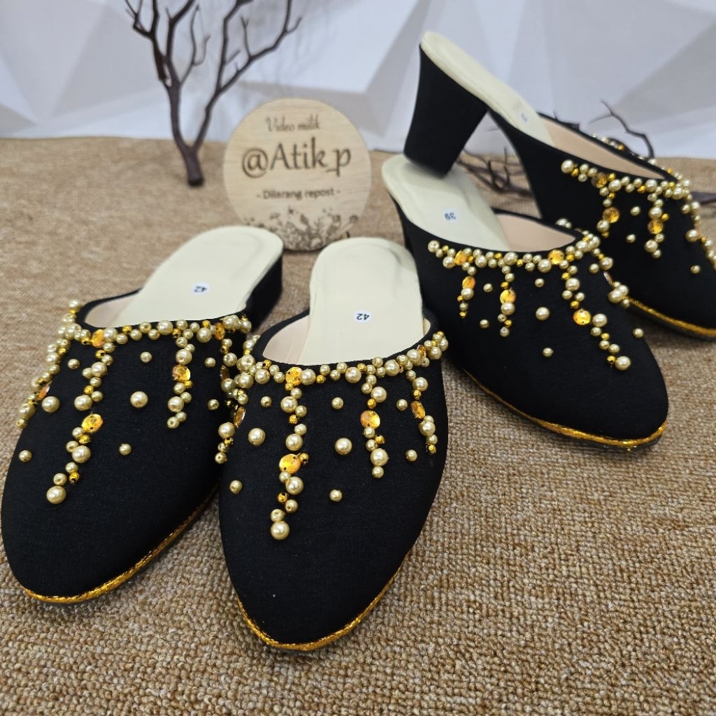 (Harga satuan) selop pengantin manten jawa hitam payet mutiara gold salur wedding shoes