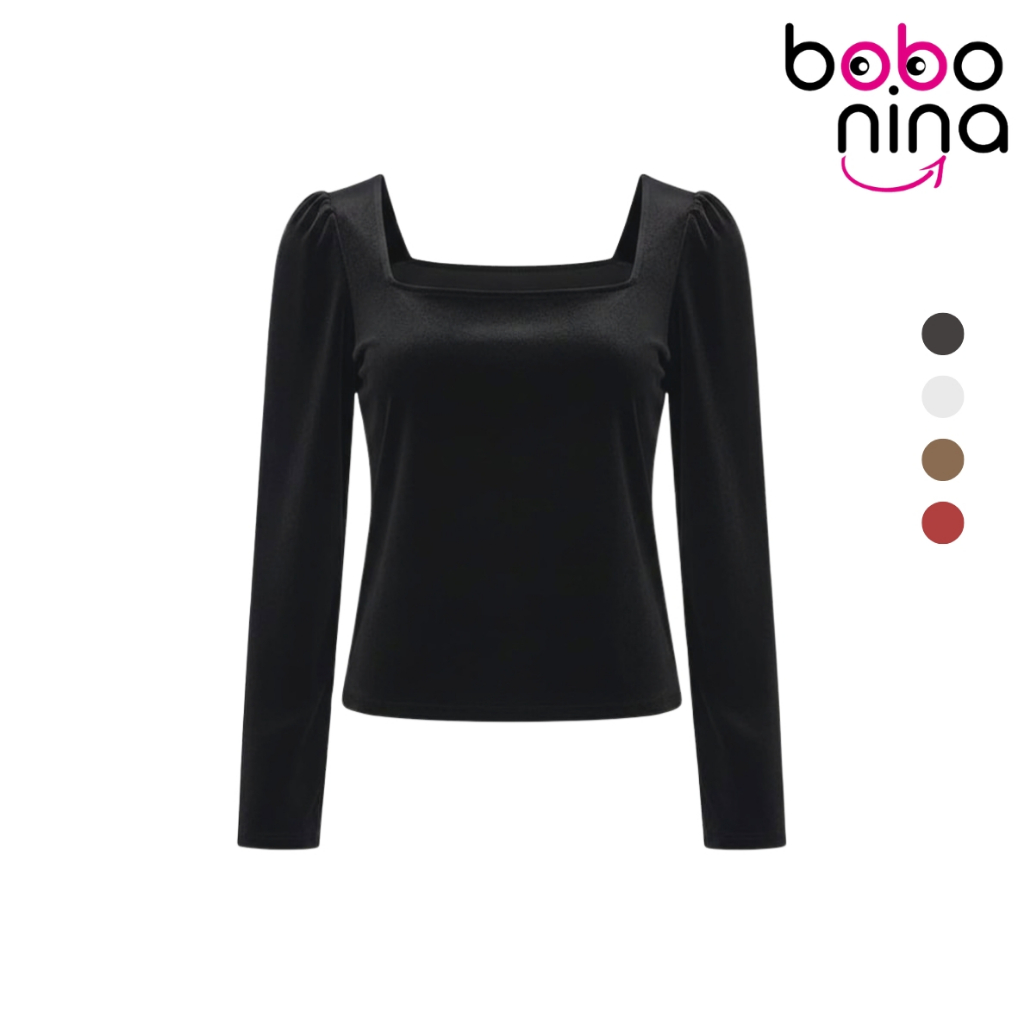Ninabobo SL033 Korean Blouse Velvet Top Square Neck Long Sleeve Bluse Lengan Panjang Puff