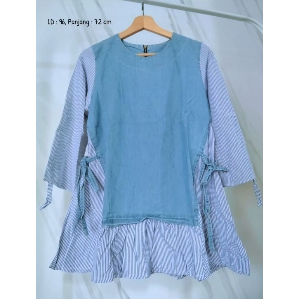 Tunik Jeans salur/Tunik wanita/Atasan Dewasa Jeans