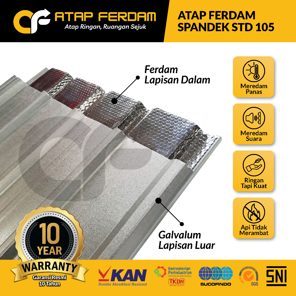 Ferdam Roofdeck Standar 0,50 mm - Galvalume 105cm Insulasi Peredam Panas & Suara Hujan - (WAJIB CHAT