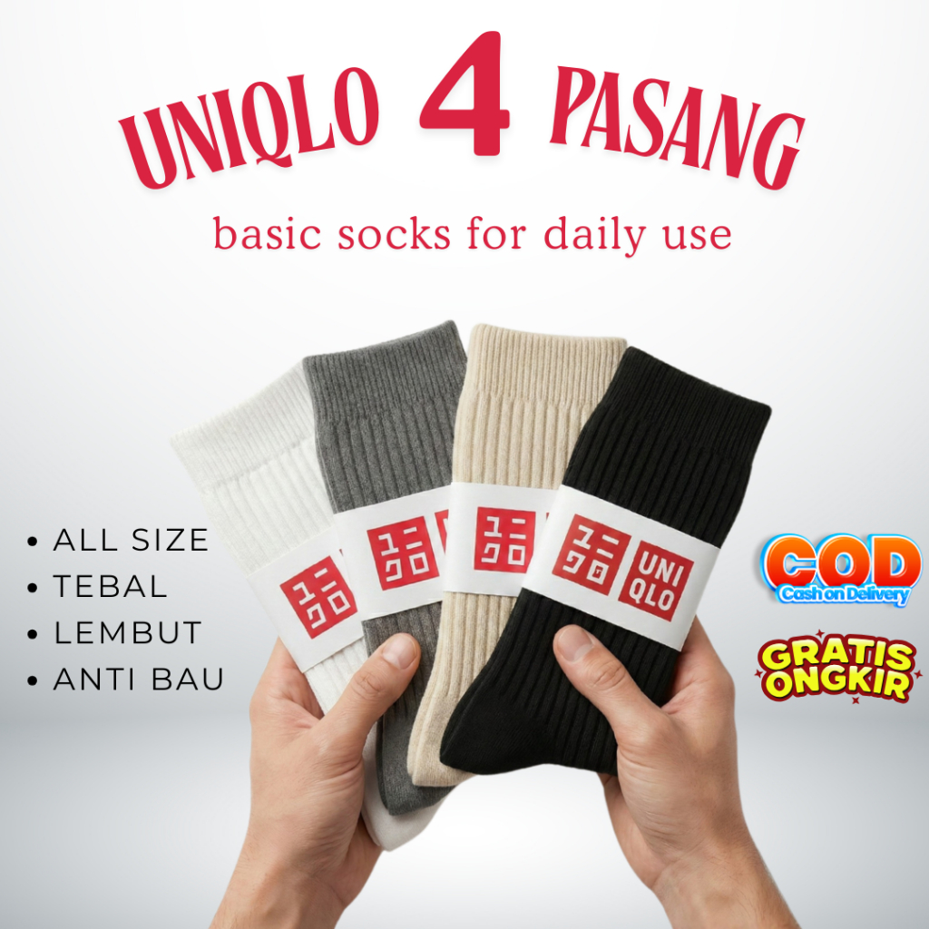 Kaos Kaki Uniqlo 4 Pasang - Premium Basic Socks Sport Polos Tebal Premium Panjang All Size