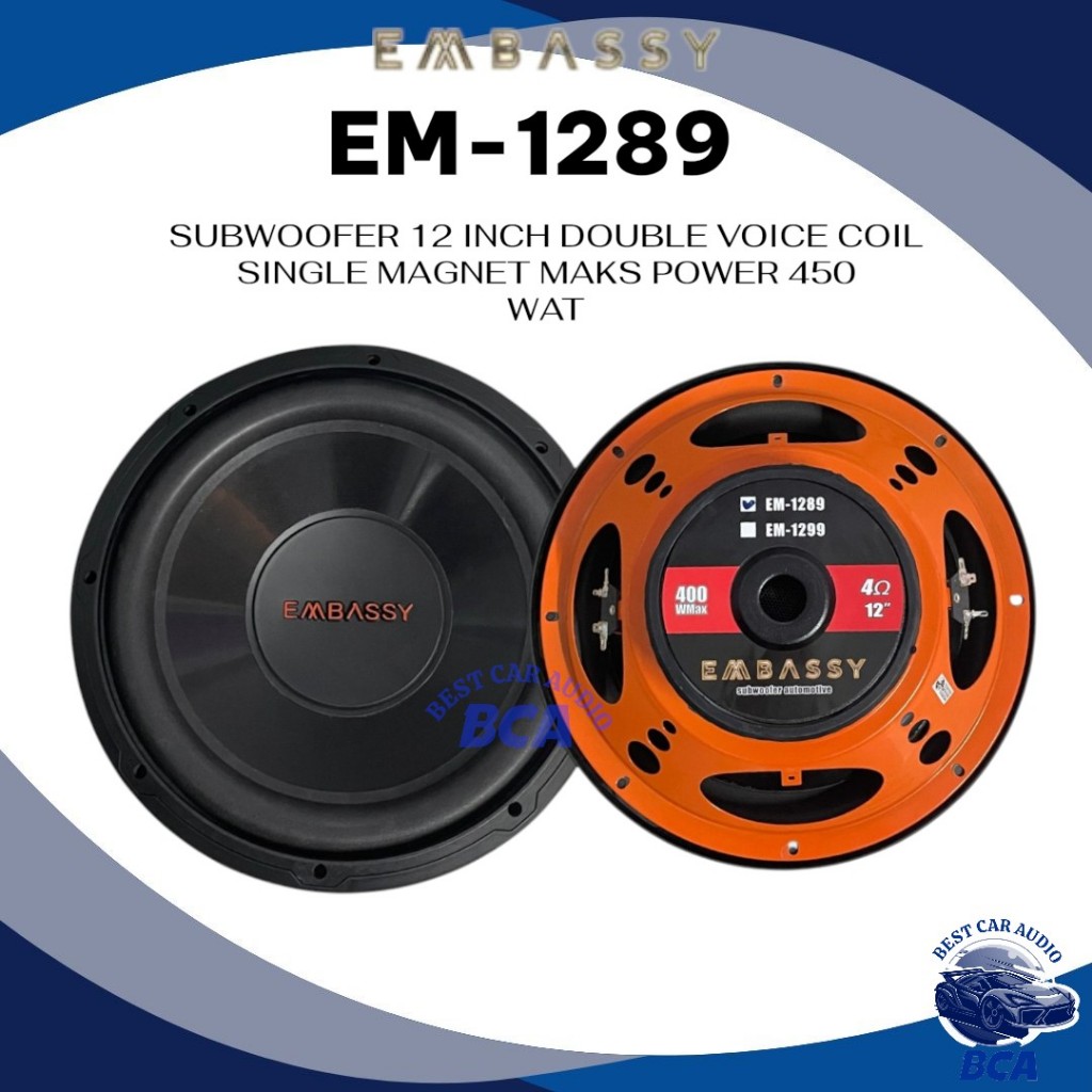 SUBWOOFER 12 INCH EMBASSY EM-1289 DOUBLE VOICE COIL SINGLE MAGNET MAKS POWER 400 WAT