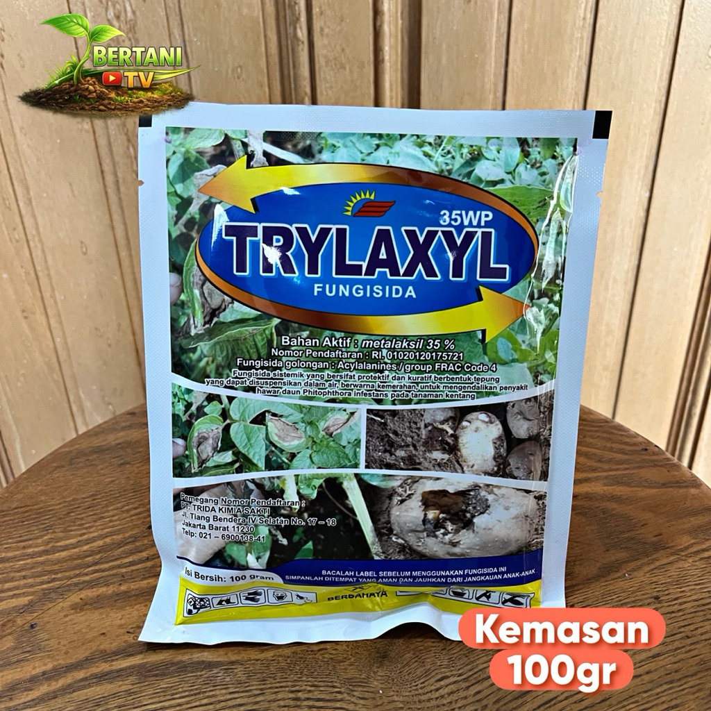 Fungisida Trylaxyl 35WP kmsn 100gr, Fungisida sistemik bahan metalaksil 35 wp untuk mengatasi hawar 
