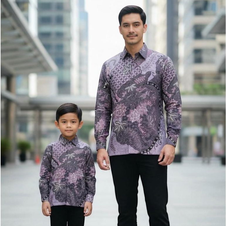 Kemeja Batik Warna LILAC Couple Ayah dan Anak Pakai Lapisan Furing Katun Hero Warna Lilac