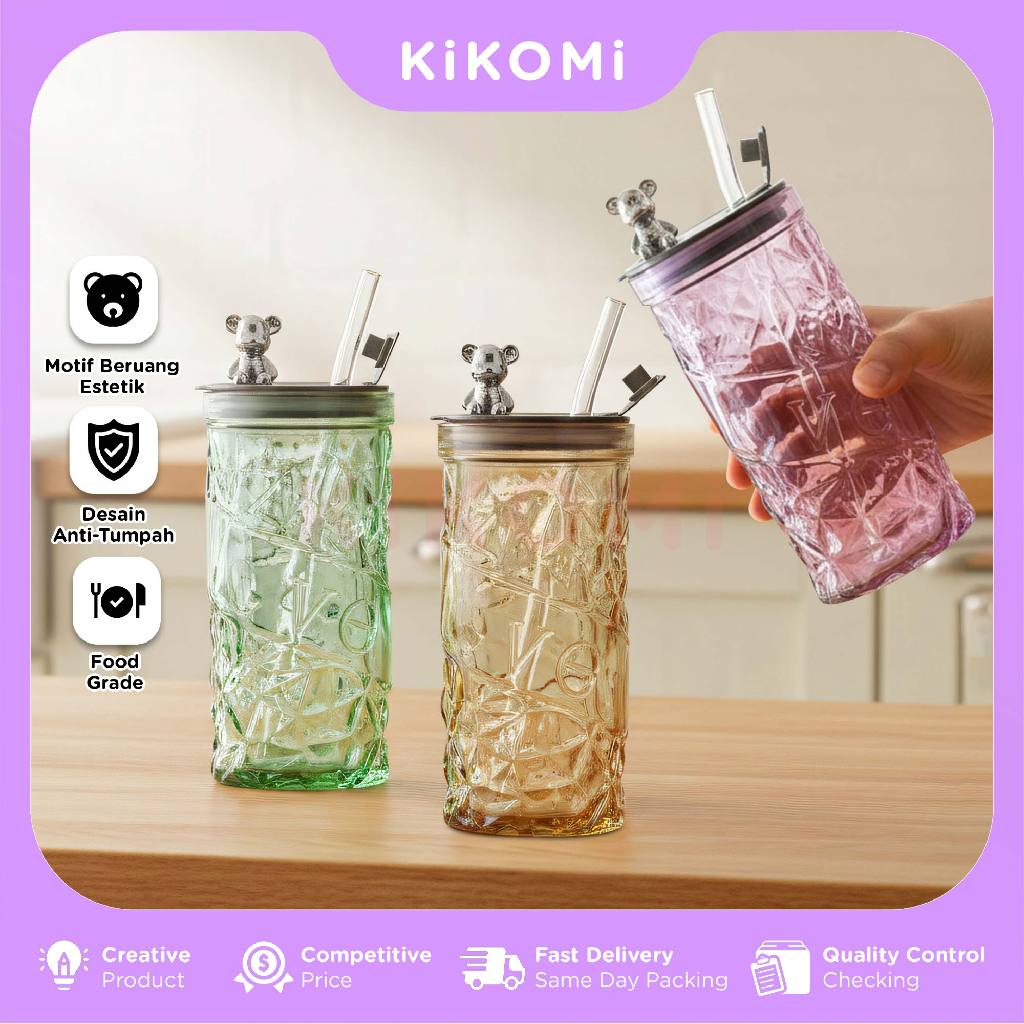 GELAS KACA BERUANG 420 ML Botol Air Minum Tumbler Motif Kristal Anti Tumpah Estetik Food Grade - KK