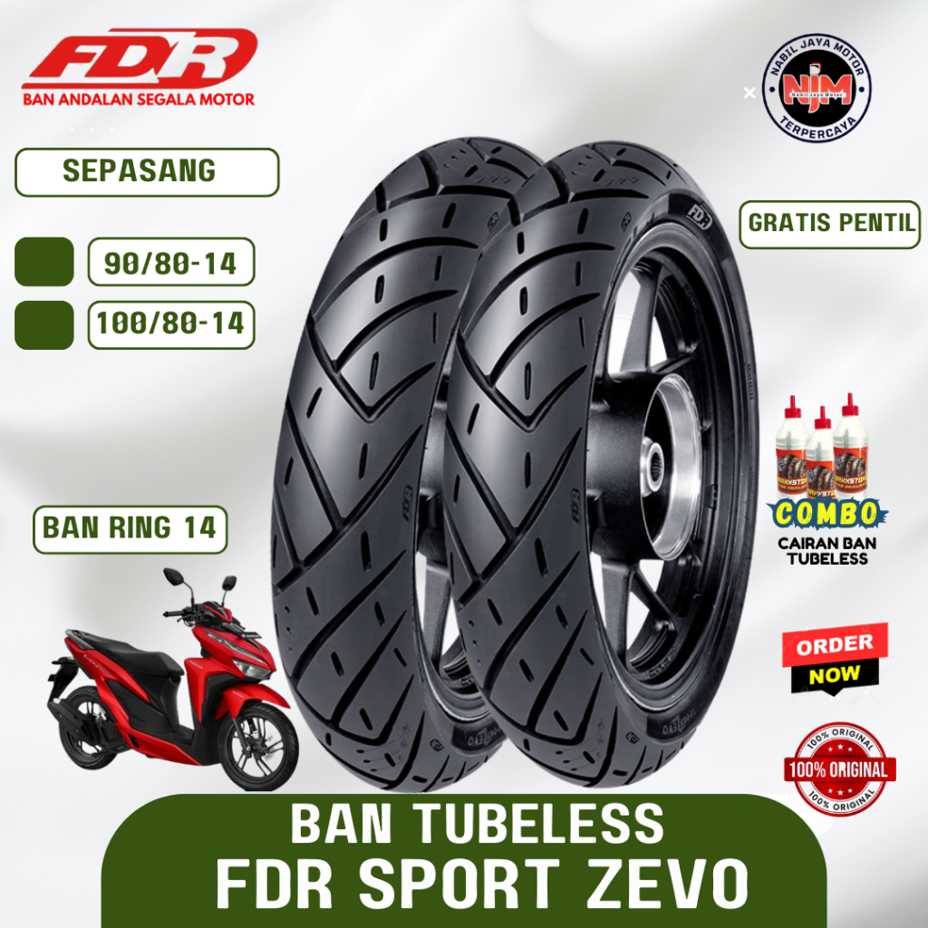Paket Ban 90/80-14 dan 100/80-14 FDR SPORT ZEVO Ring 14 Tubeless Gratis Pentil