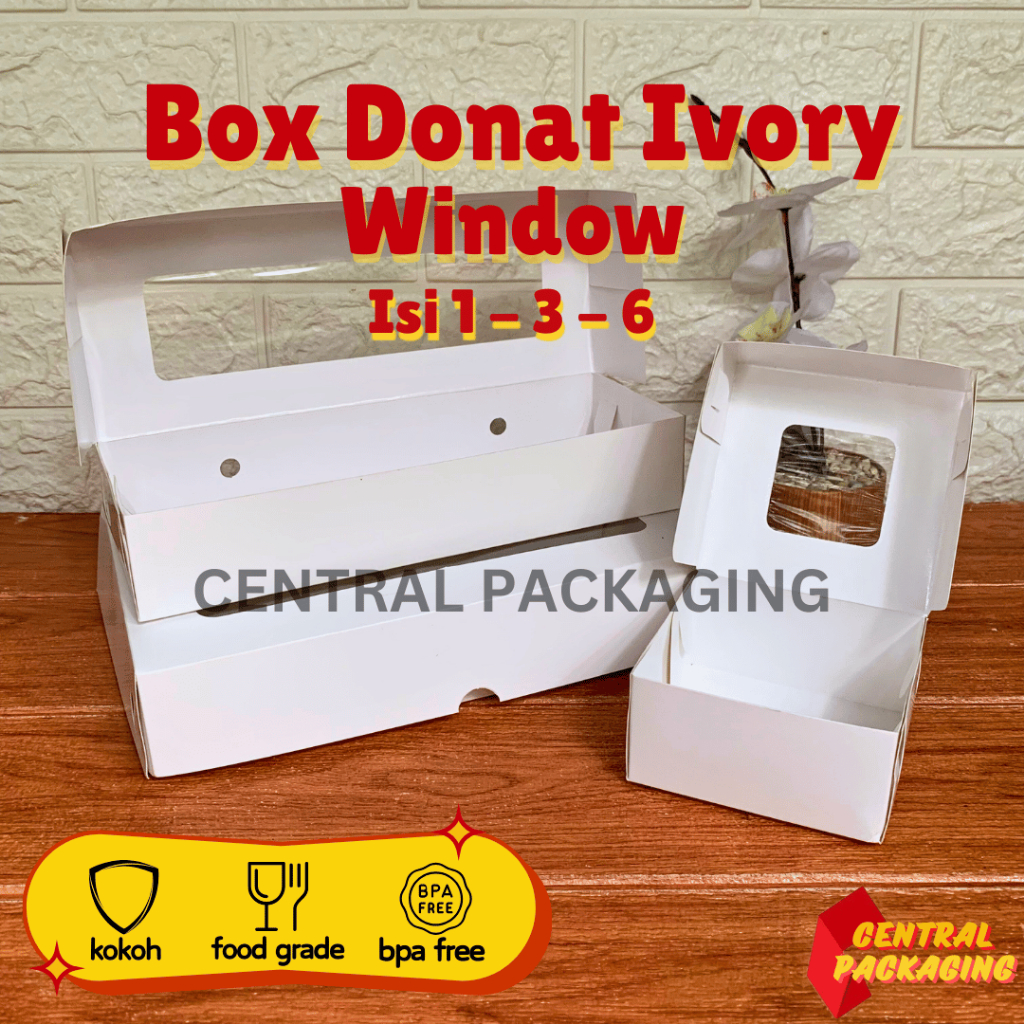 Central Pack- Box Donat isi 1 3 6 Ivory Polos Window Laminasi Dus Putih Kue Snack Hampers Brownies