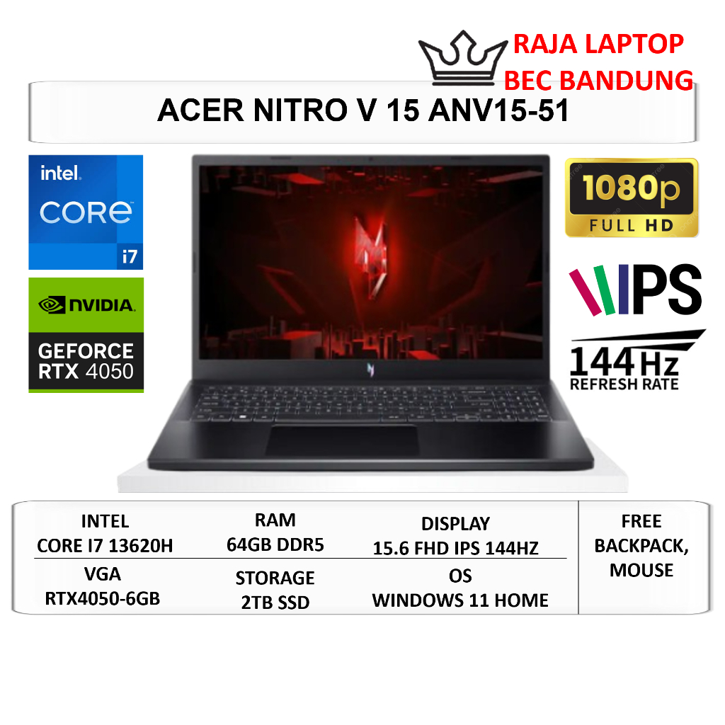 ACER Nitro V15 ANV15 RTX4050-6GB Intel i7 13620H 64GB DDR5 SSD 2TB 15.6" FHD IPS 144Hz Windoes 11