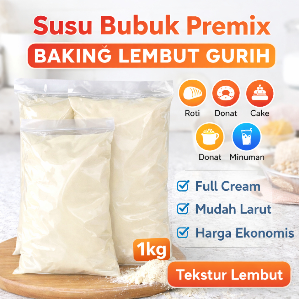 Susu Bubuk Premix Full Cream Untuk Roti, Donat, Cake & Minuman | Susu Baking Lembut Gurih 1kg