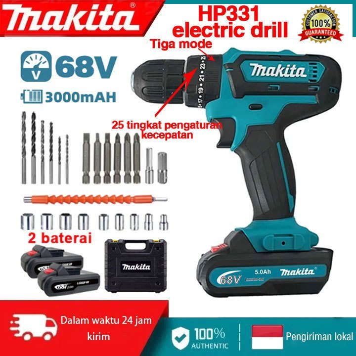 Bor listrik Makita HP331 68V baterai ganda alat obeng bor tumbukan listrik kapasitas besar
