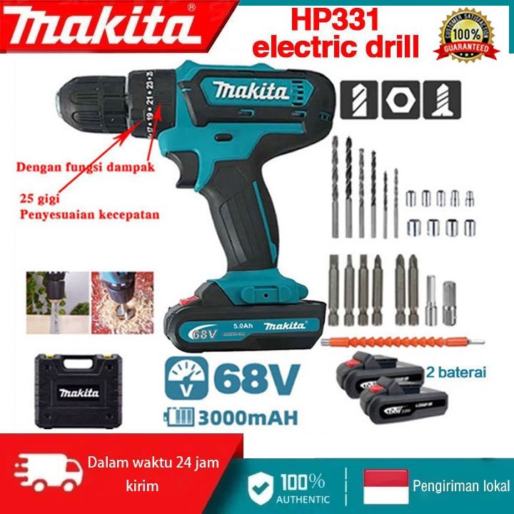 Bor Listrik Makita HP331 Dekorasi Bor Listrik Rumah Tangga 68V Alat Obeng Bor Impact