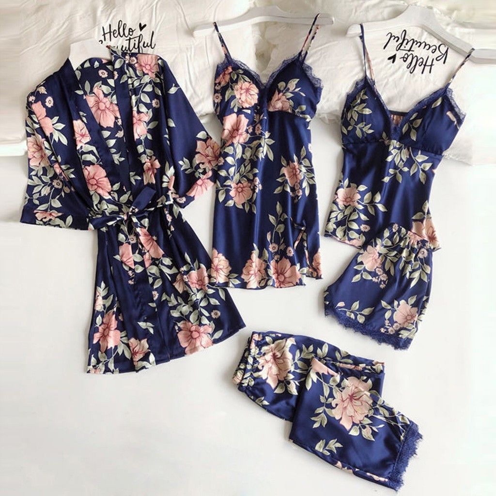 Piyama Wanita 5in1 Satin Silk Set Kimono Tanktop Celana Panjang Pendek Lingerie Elegan