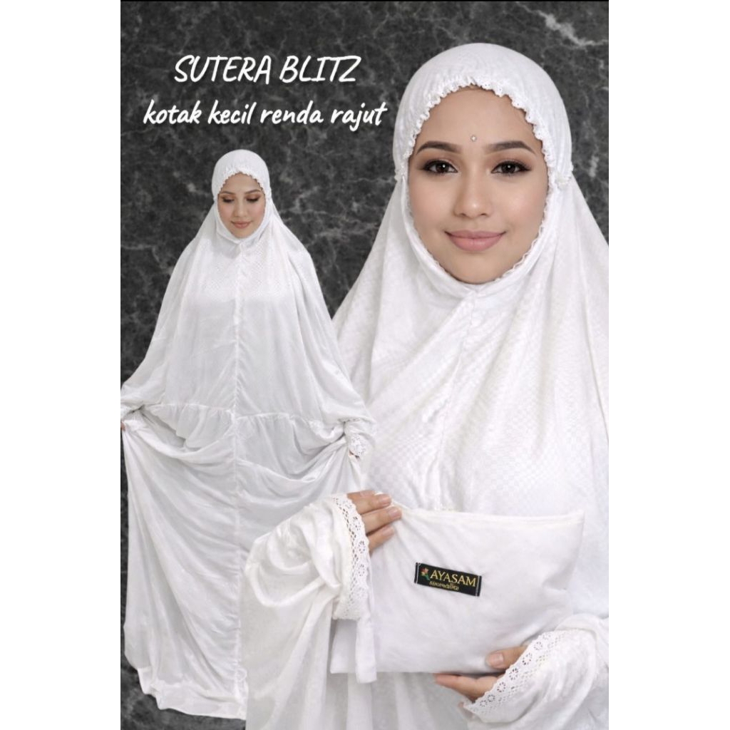 Mukena SUTRA BLITZ dewasa terusan lajuran adem lembut renda rajut putih simpel elegan cantik