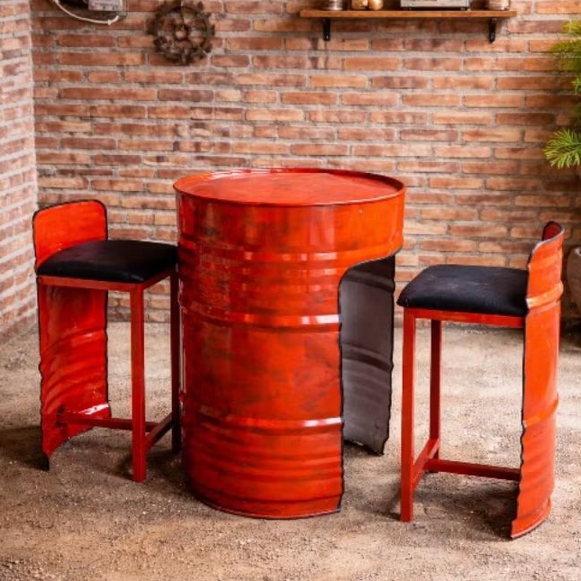 Meja Kursi Tong Besi Industrial 1 Set – Meja Bar + 2 Kursi | Handmade Custom Industrial Furniture