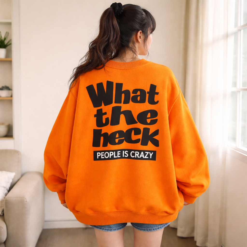 Sweater Wanita Pria Unisex Fleece Premium Motif Print WHAT THE HECK Korean Style – Sweater Lengan Pa