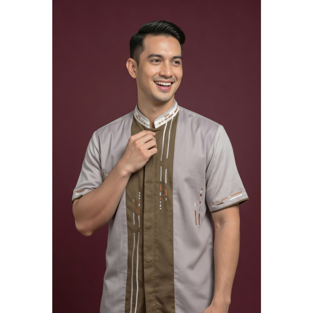 BAJU KOKO AL-ACHWAN MAZAR GREY MIX  OLIVE / HIJAU ABU TANGAN PENDEK COUPLE AYAH DAN ANAK ADA SIZE JU