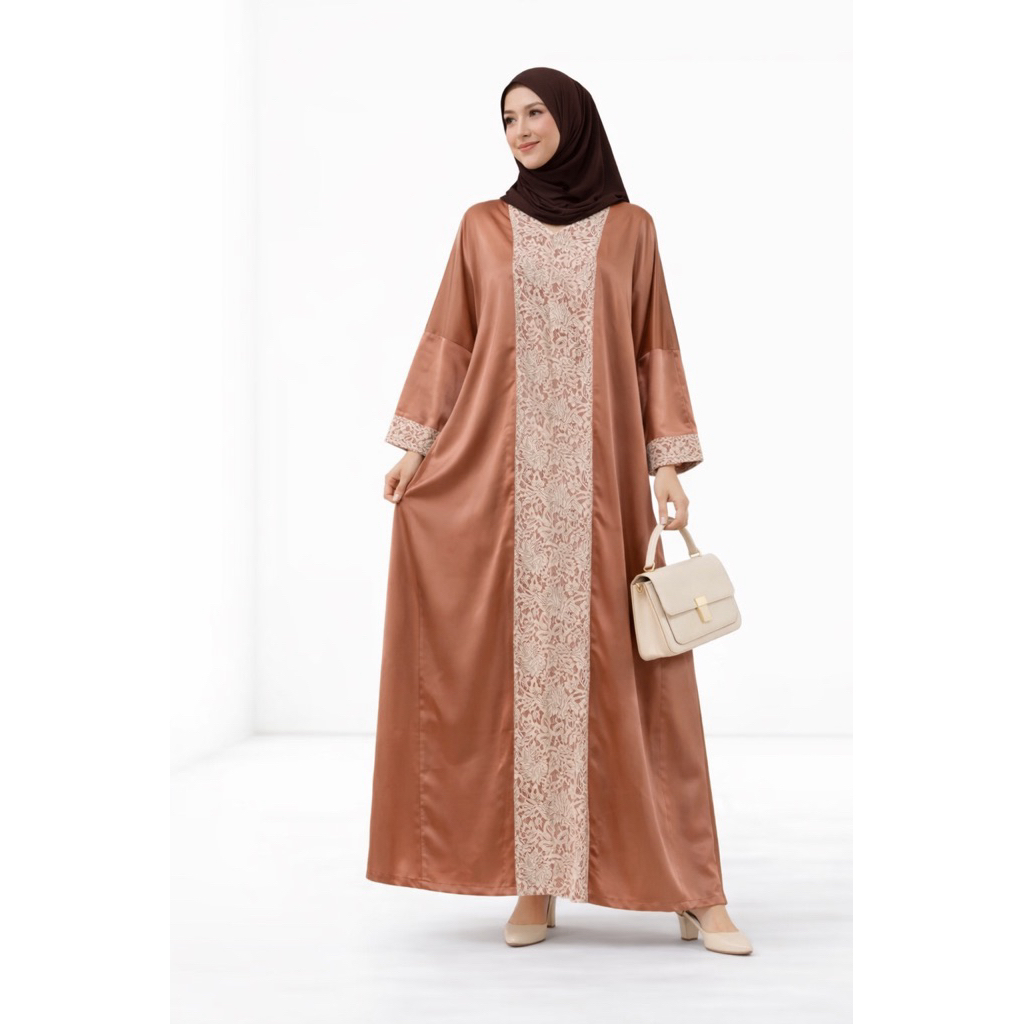 Kaftan Muslim Wanita Premium Satin Kombinasi Brokat – Dress Gamis Jumbo Elegan