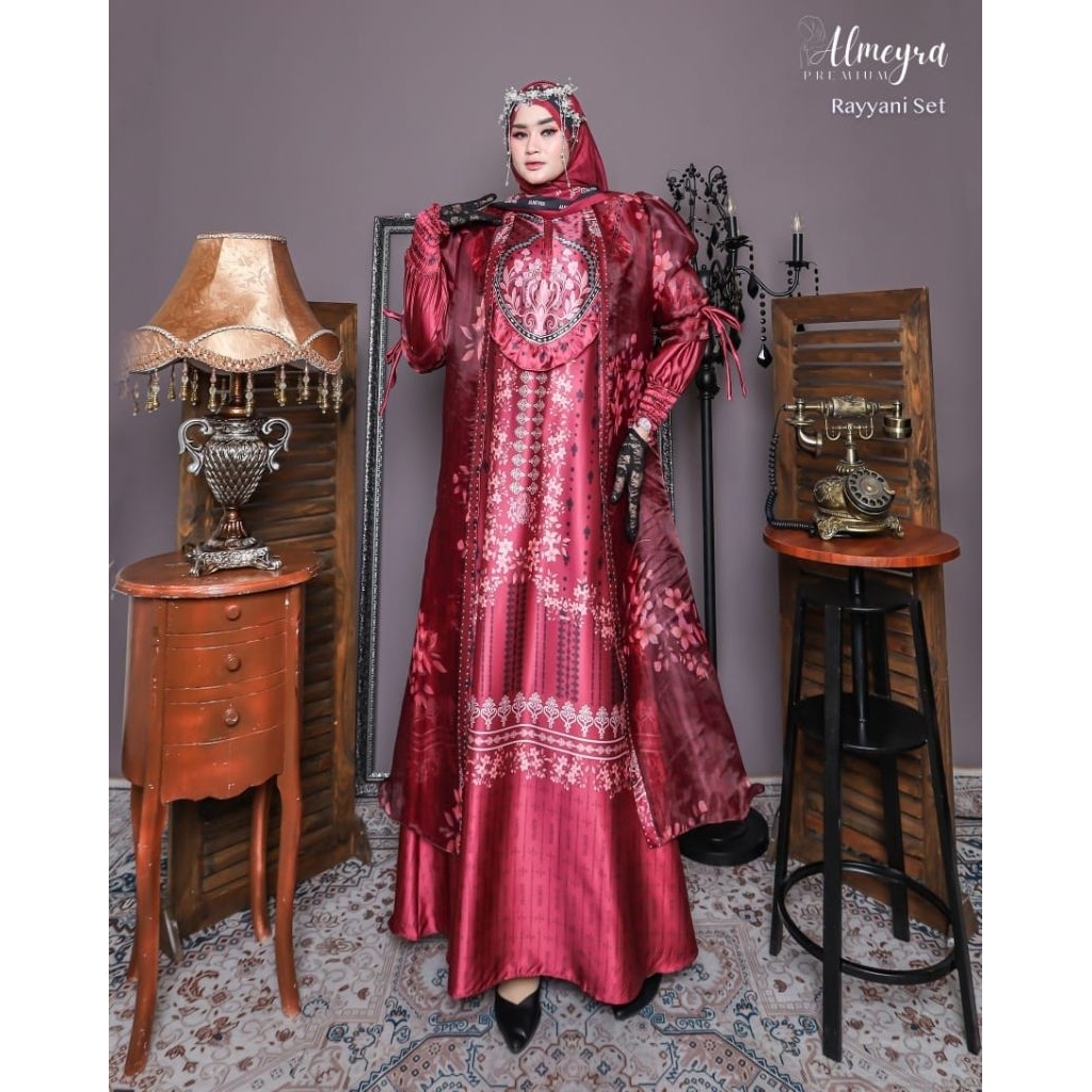 Almeyra Premium Rayyani Set Gamis Syari Setelan Wanita Muslimah Modern Bahan Satin Silk Premium Halu
